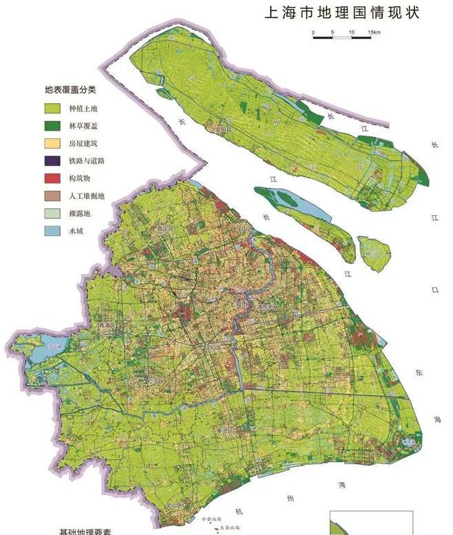 上海土地利用情况地图，从图上可以看出，除了城市建成区外，上海还保留了大片的农业用