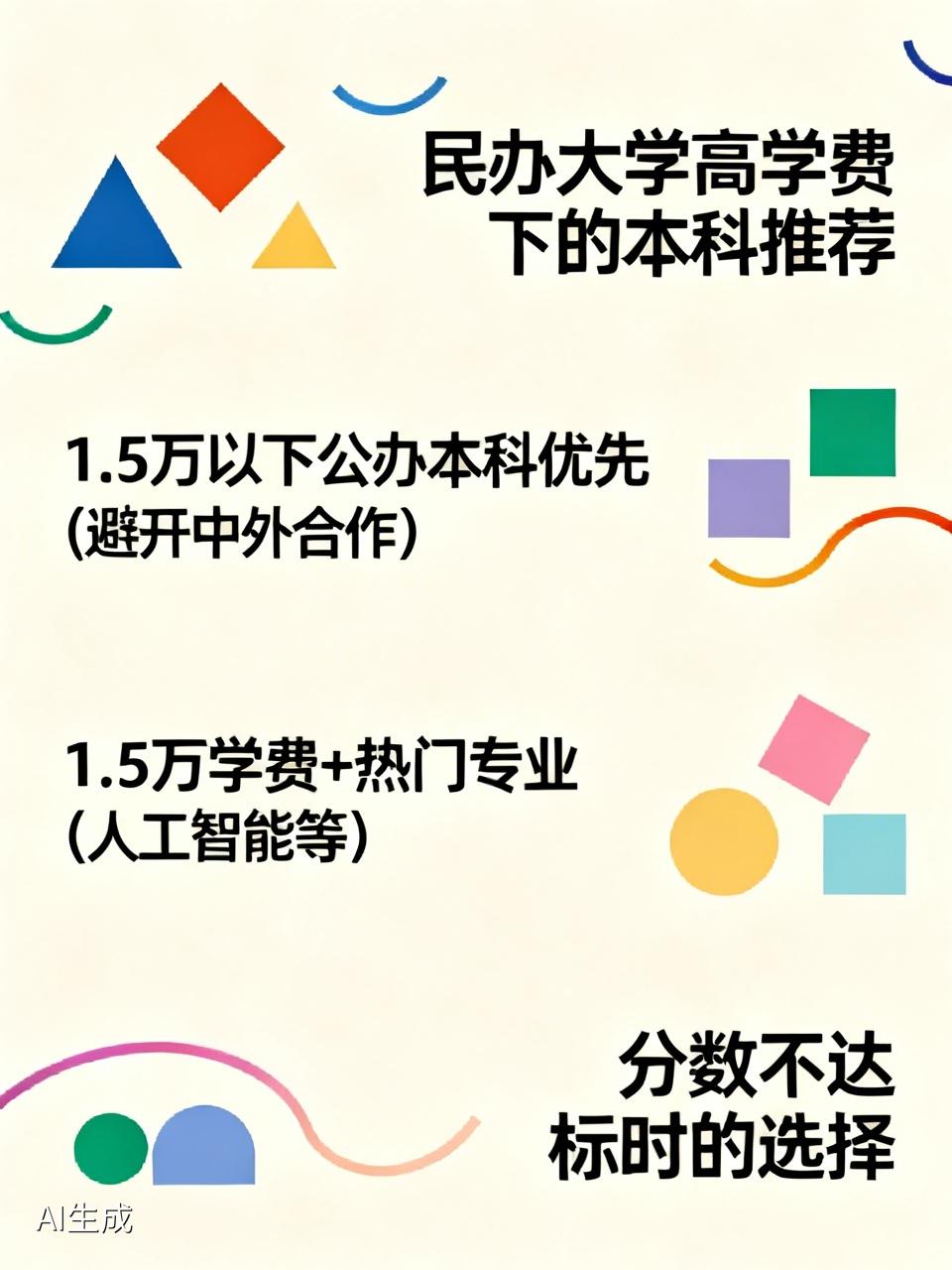 在民办大学高学费下，我只敢推荐1.5万以下的本科，尽量推荐公办本科，不晓得会不会