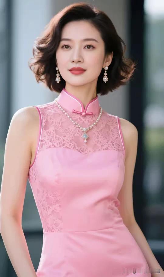 旗袍典雅衬娇容一袭粉装显风情。东方佳丽，旗袍精彩。千种风情，万种妩媚。修