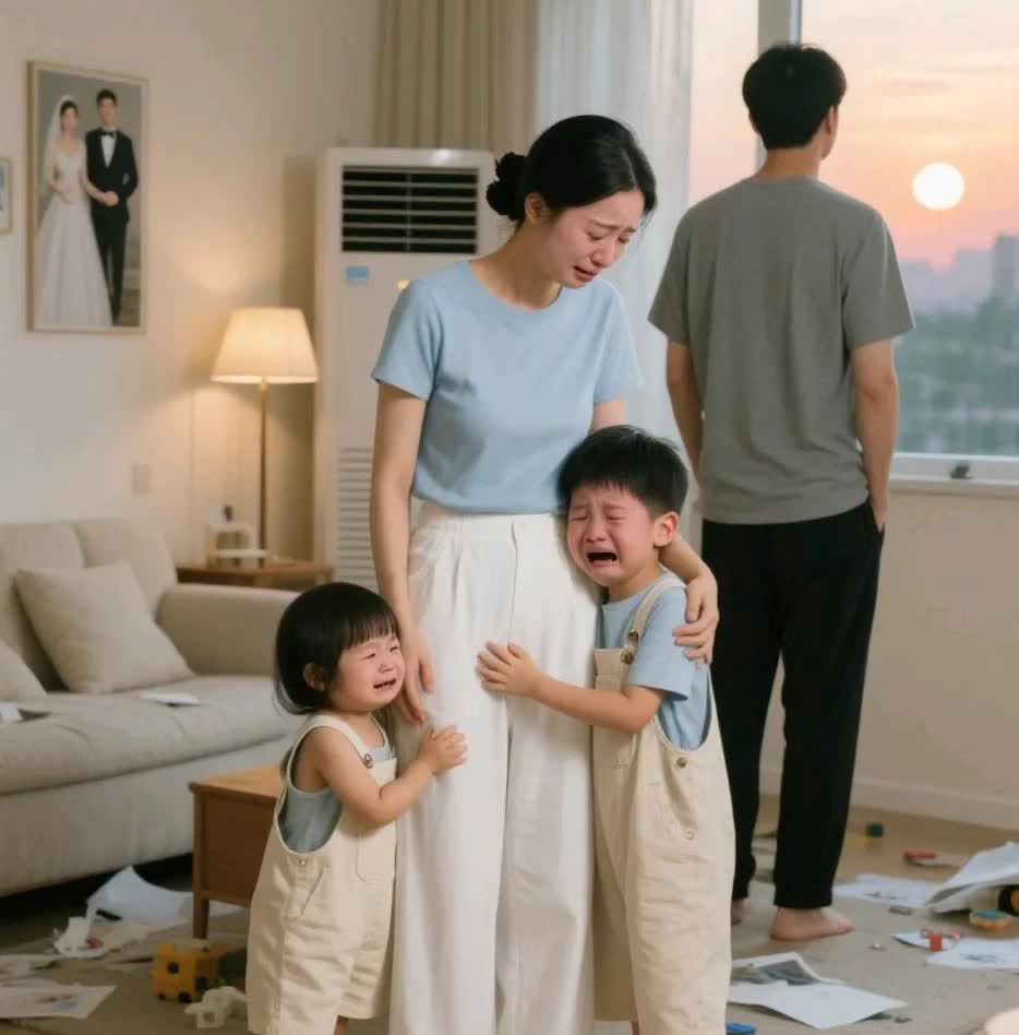 为什么吗男人出轨之前，都不想想自己的孩子。刷到个视频，妻子千里迢迢带着两个孩子去