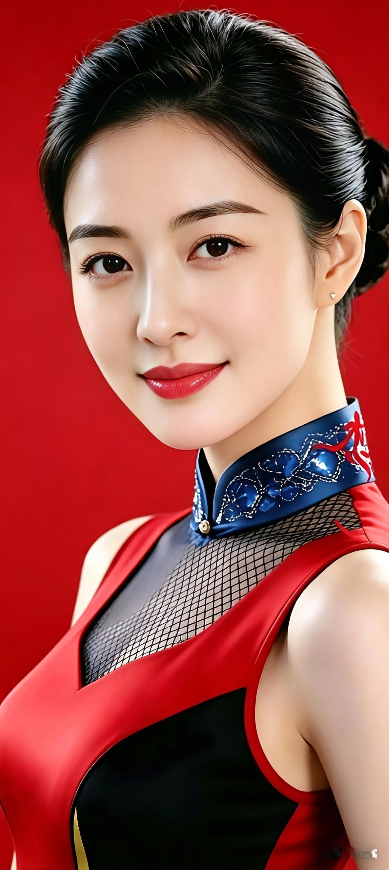 红底衬出俏容颜，盘发爽利气质娴。旗袍领口绣蓝花，浅浅一笑暖人间。眼藏柔意
