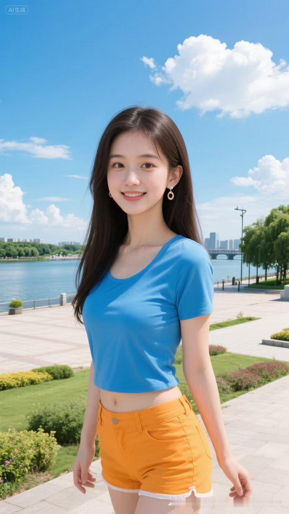 澄澈蓝天白云铺展，身着清爽蓝衣橙裤的少女眉眼明媚，笑靥温柔灿烂。一身鲜亮穿搭裹挟