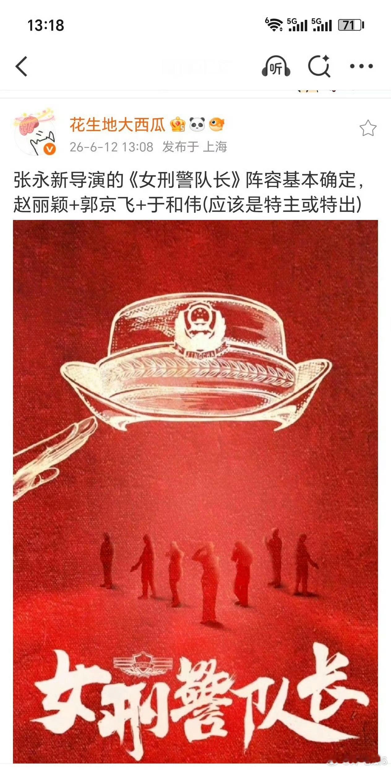 赵丽颖女刑警队长赵丽颖这个饼可以啊导演张永新，搭配郭京飞➕于和伟，都是实力派！