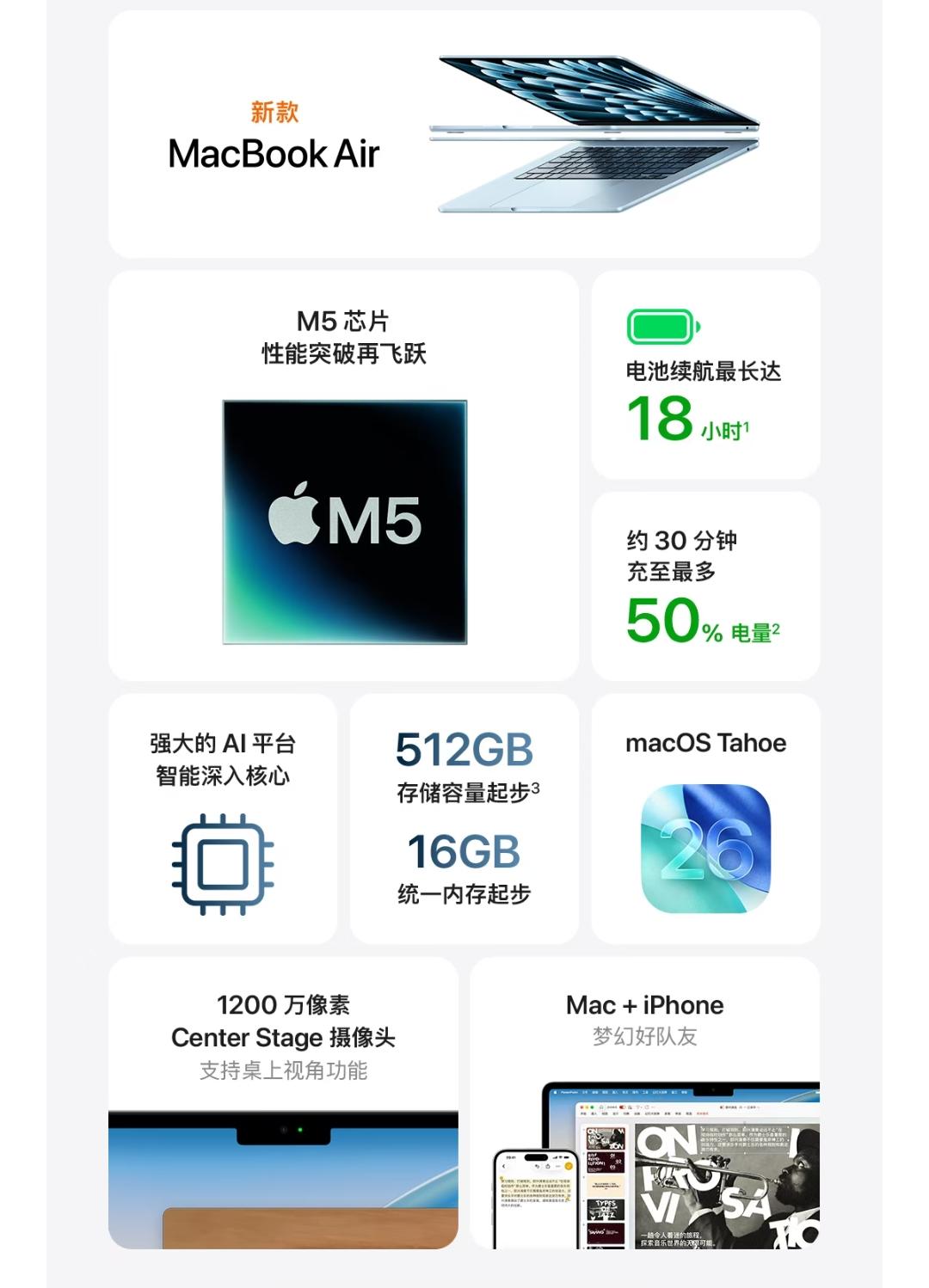 新MacBookAirM5，16+512GB：8499元10核CPU、8