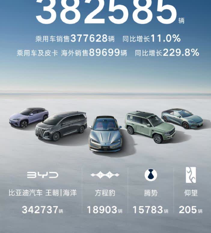 比亚迪2025年6月销量38.26万，方程豹和腾势双双超预期，销量分布为：1