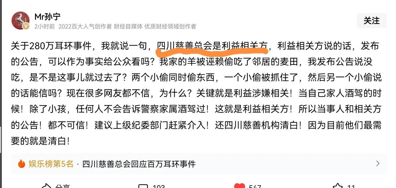 大V孙宁对于230万添加耳环的评价非常有勇气，但一针见血。在四川慈善总会
