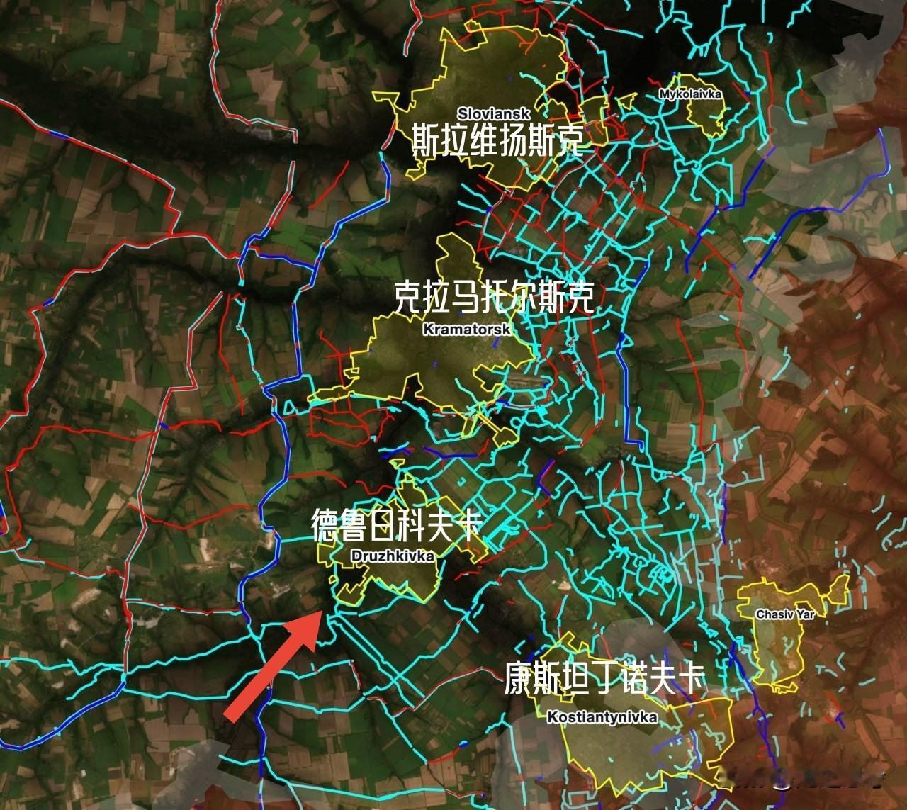 这张地图展示了乌克兰军队在斯拉维扬斯克-克拉马托尔斯克区域的防御阵地分布情况。