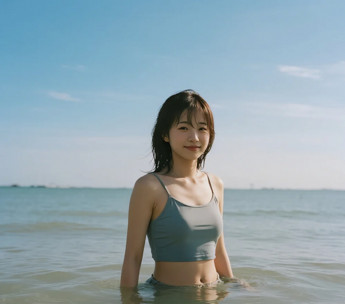 碧波荡漾，她的笑容让整个夏天都亮了