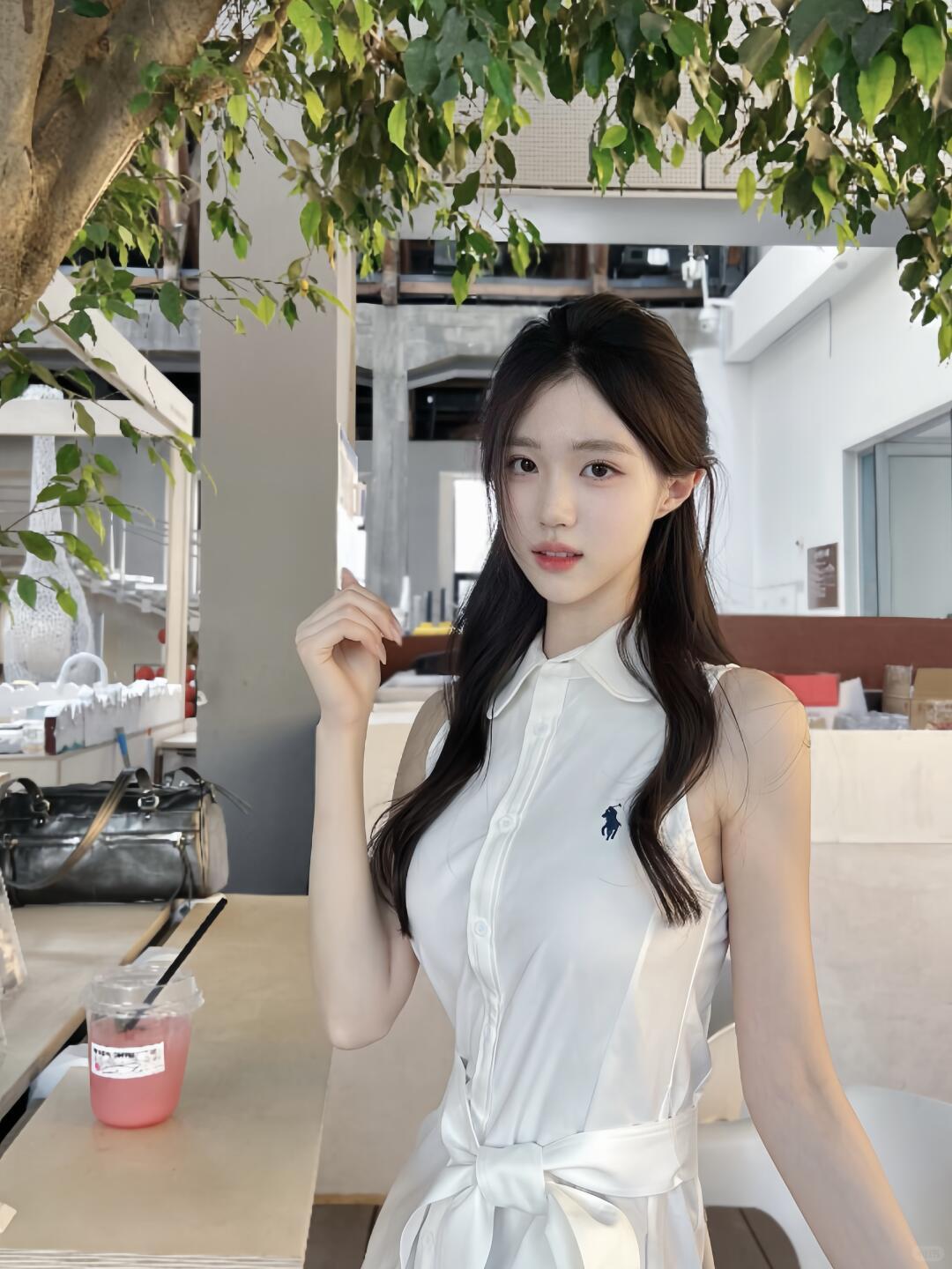 清新穿搭，白色连衣裙搭配自然绿植，轻松惬意。穿搭女人怎样穿搭，更显气质韩系穿