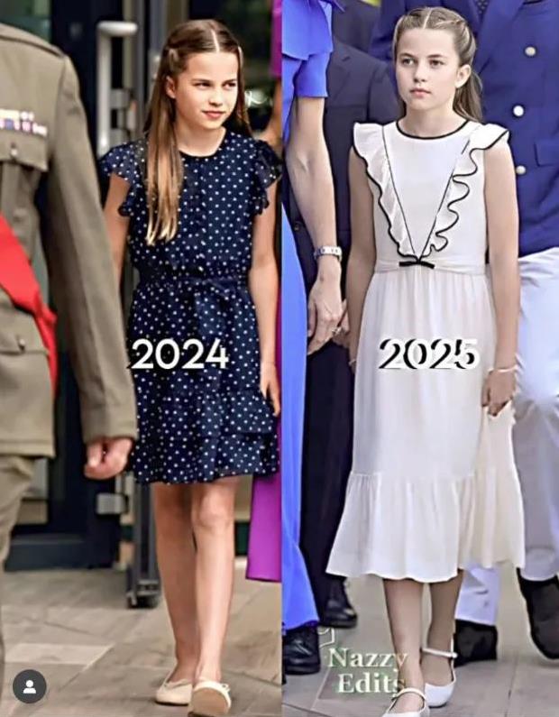 夏洛特公主2024年现身温网时，身着深蓝色白波点连衣裙，配白色平底鞋，发型精