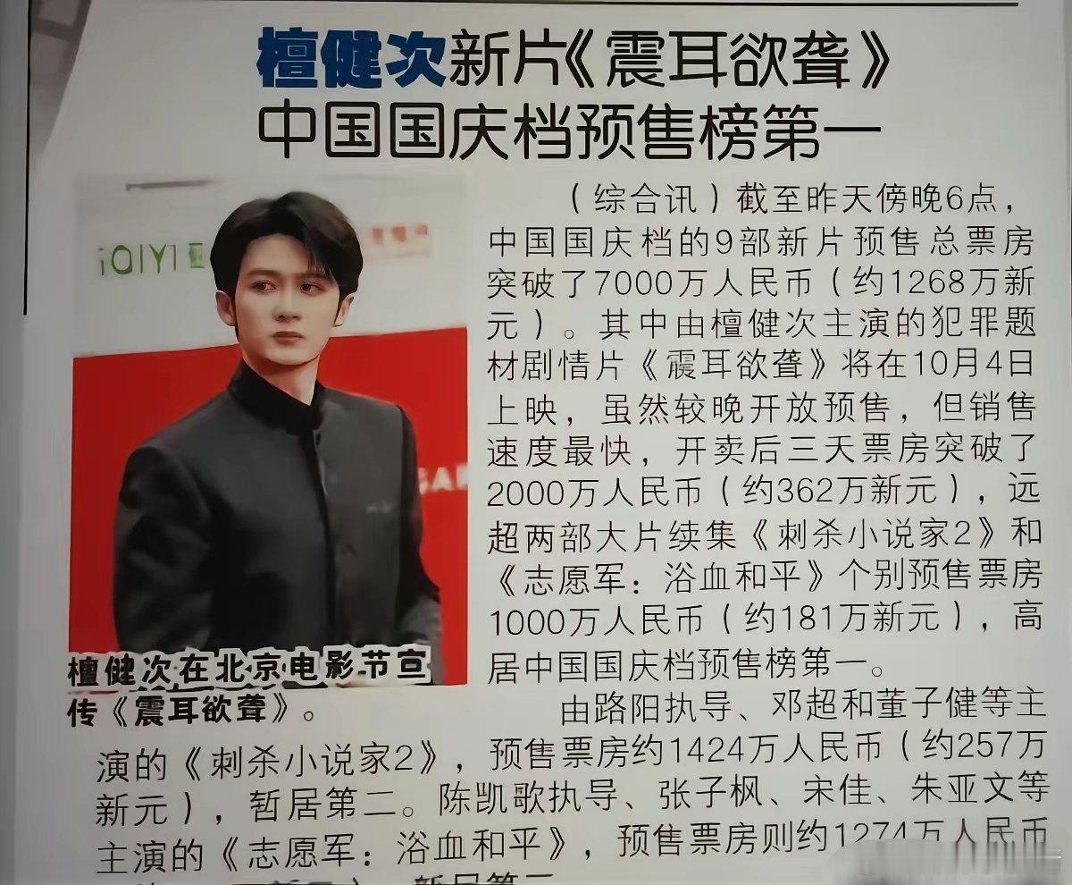檀健次演的聋人反诈片《震耳欲聋》，新加坡卖爆了。首映上座率92%，影院连夜加场。