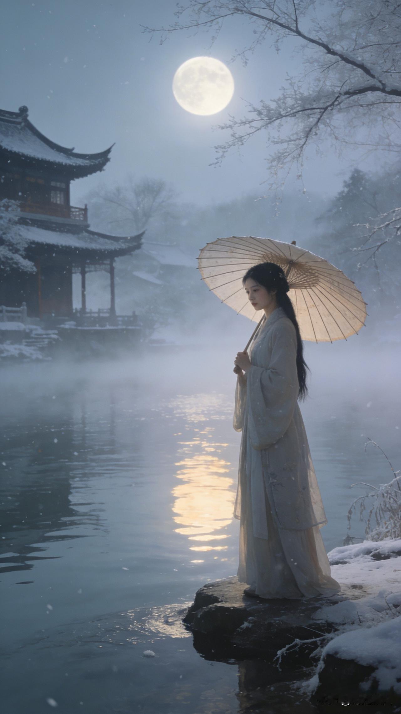 上联：寒江映月千丝静，求下联！翻到去年冬天去江南拍的照片，寒江配冷月的画面