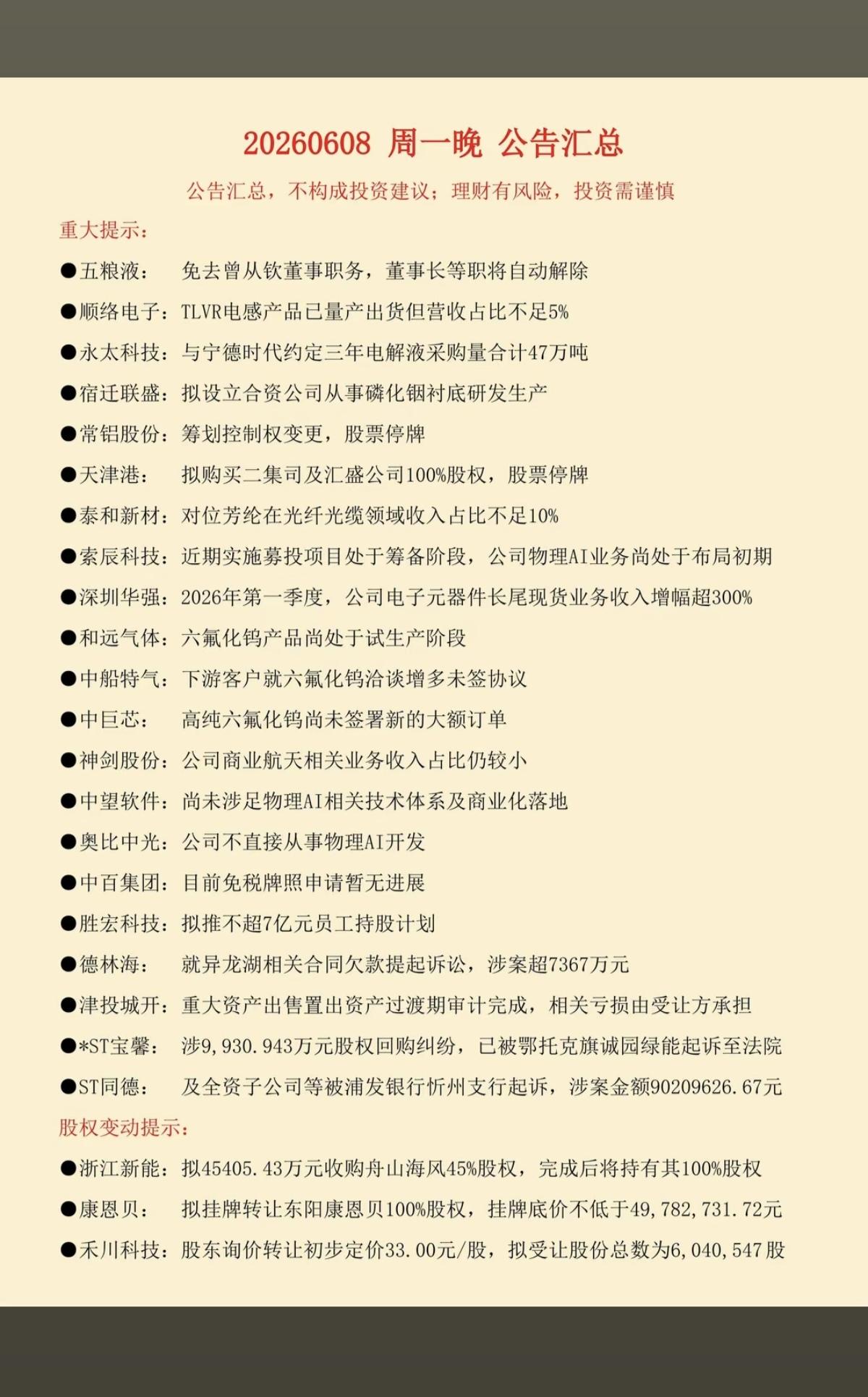 6.9周二财经信息+上市公司公告汇总！56家公司发布公告：主要涉及：停