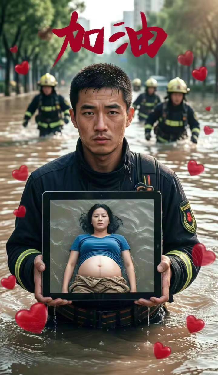 其中4位消防员在洪水中，神情疲惫，看着镜头水珠顺着脸颊滑落，两手举起手中平板，身