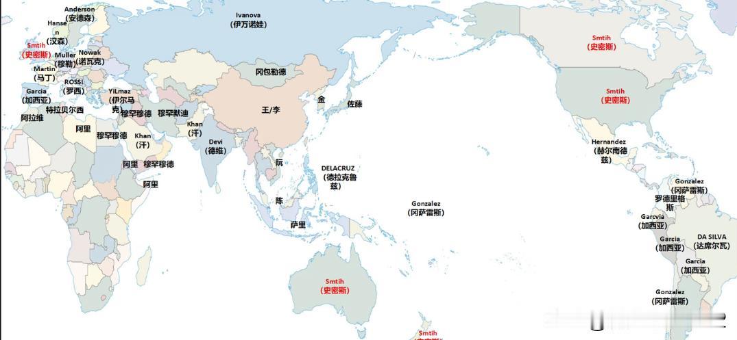 主要国家第一大姓统计全球除了东亚，大部分地区都属于“宗教文化”圈，但无论东方还
