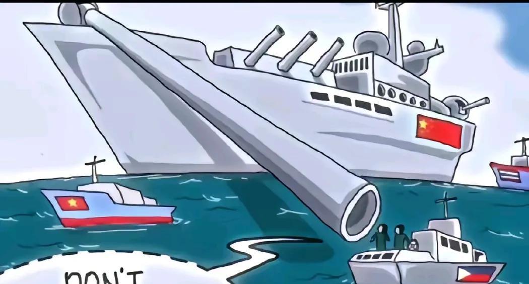 这是一幅名唤“在中国巨炮之下”的漫画，出品人为菲律宾某知名媒体。画面显示，中国