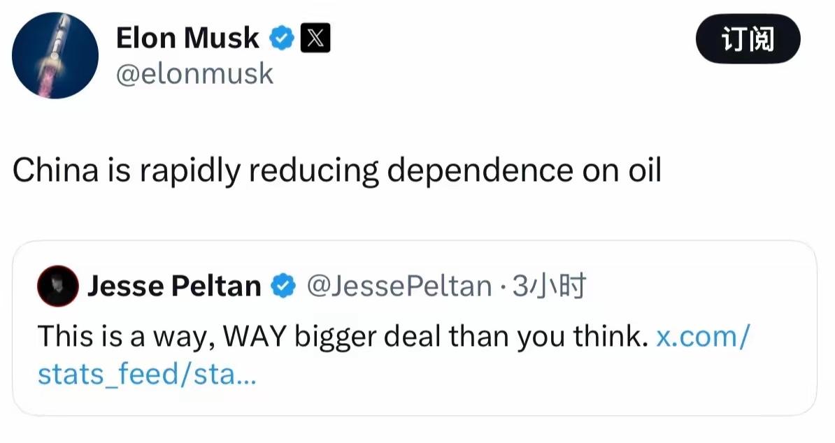 当地时间3月9日，特斯拉创始人马斯克发文表示：“中国正在迅速减少对石油的依赖。”