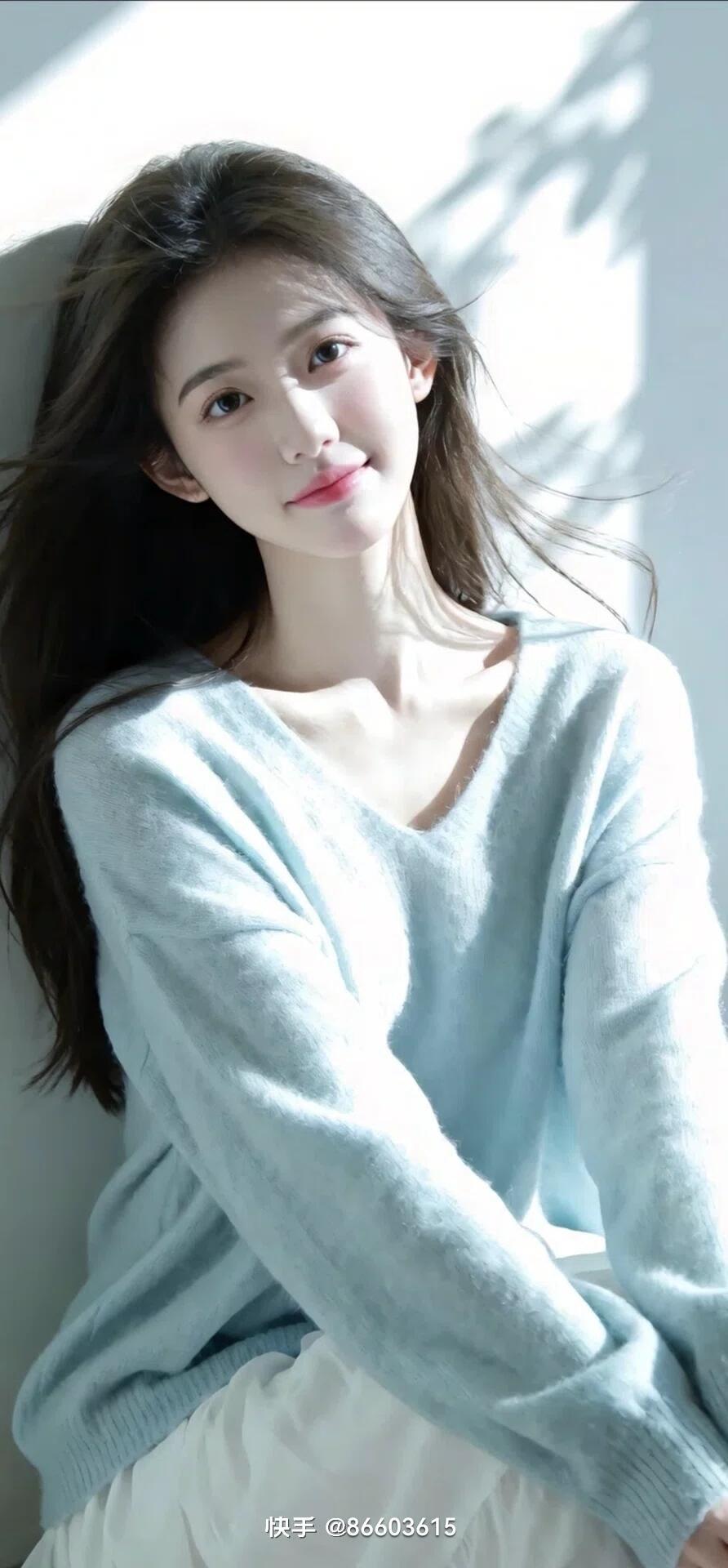 温柔阳光下的少女，浅蓝毛衣，白色长裤，自然清新。
