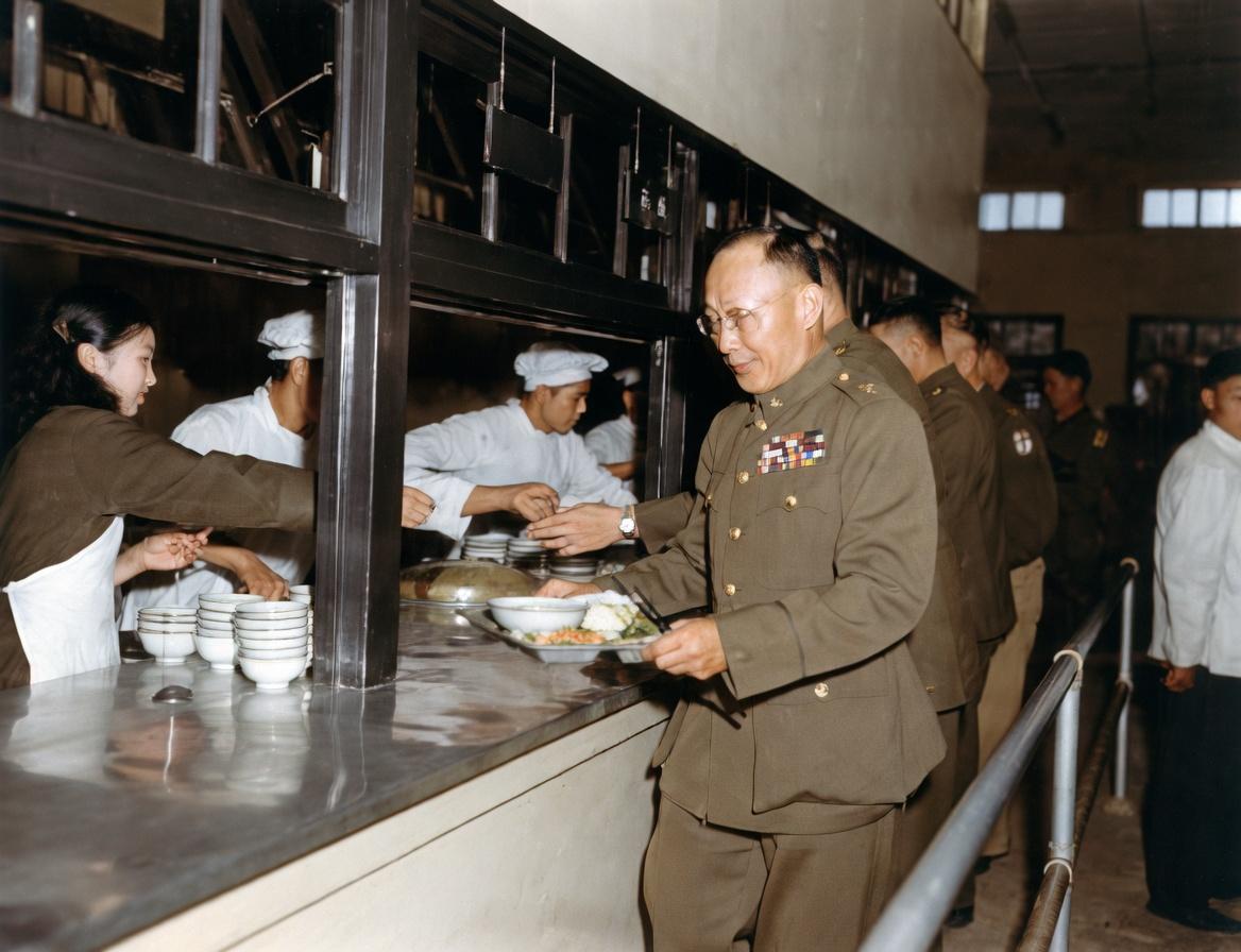 1948年春，南京国防部，何应钦身着挂满勋章的陆军上将礼服，手持餐盘，在国防部的