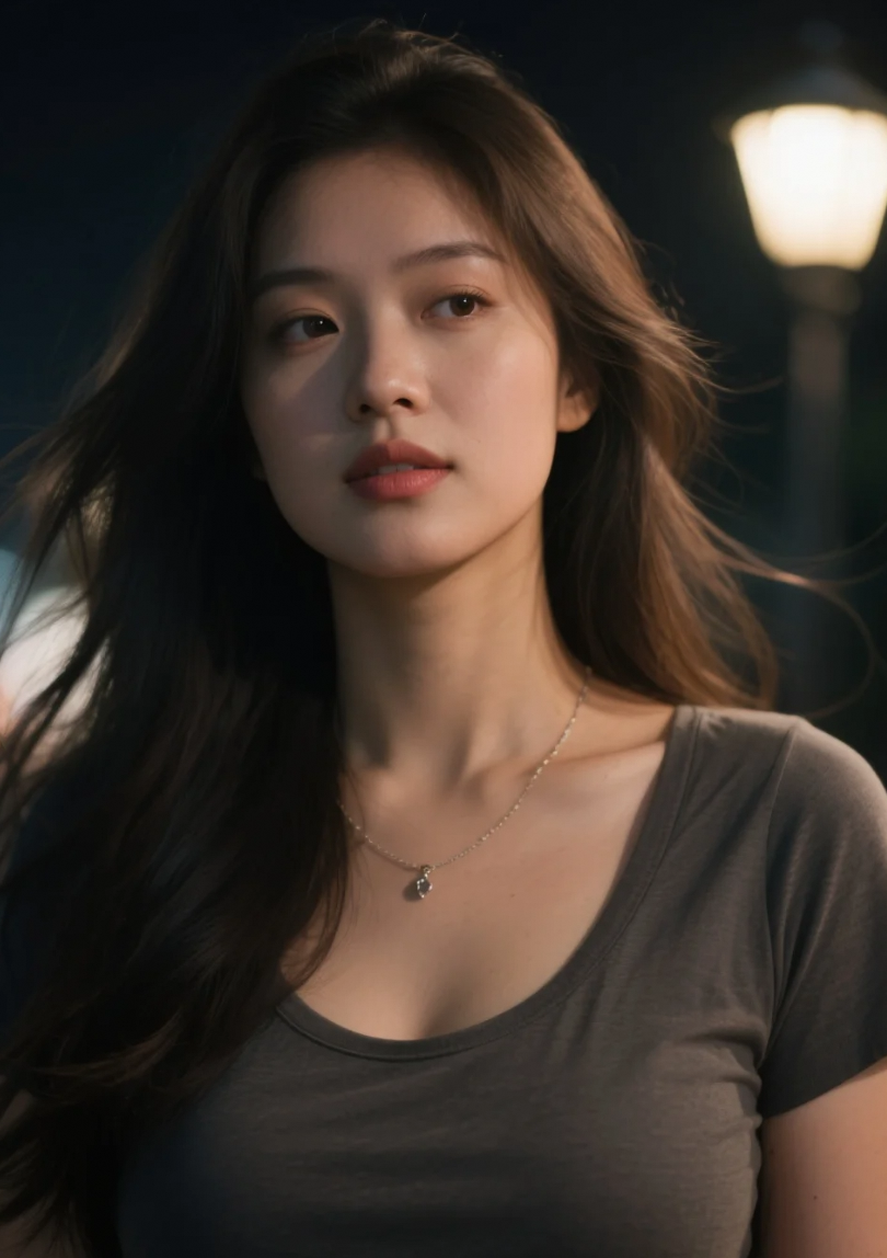 面部清晰如画，她是夜色中最动人的存在