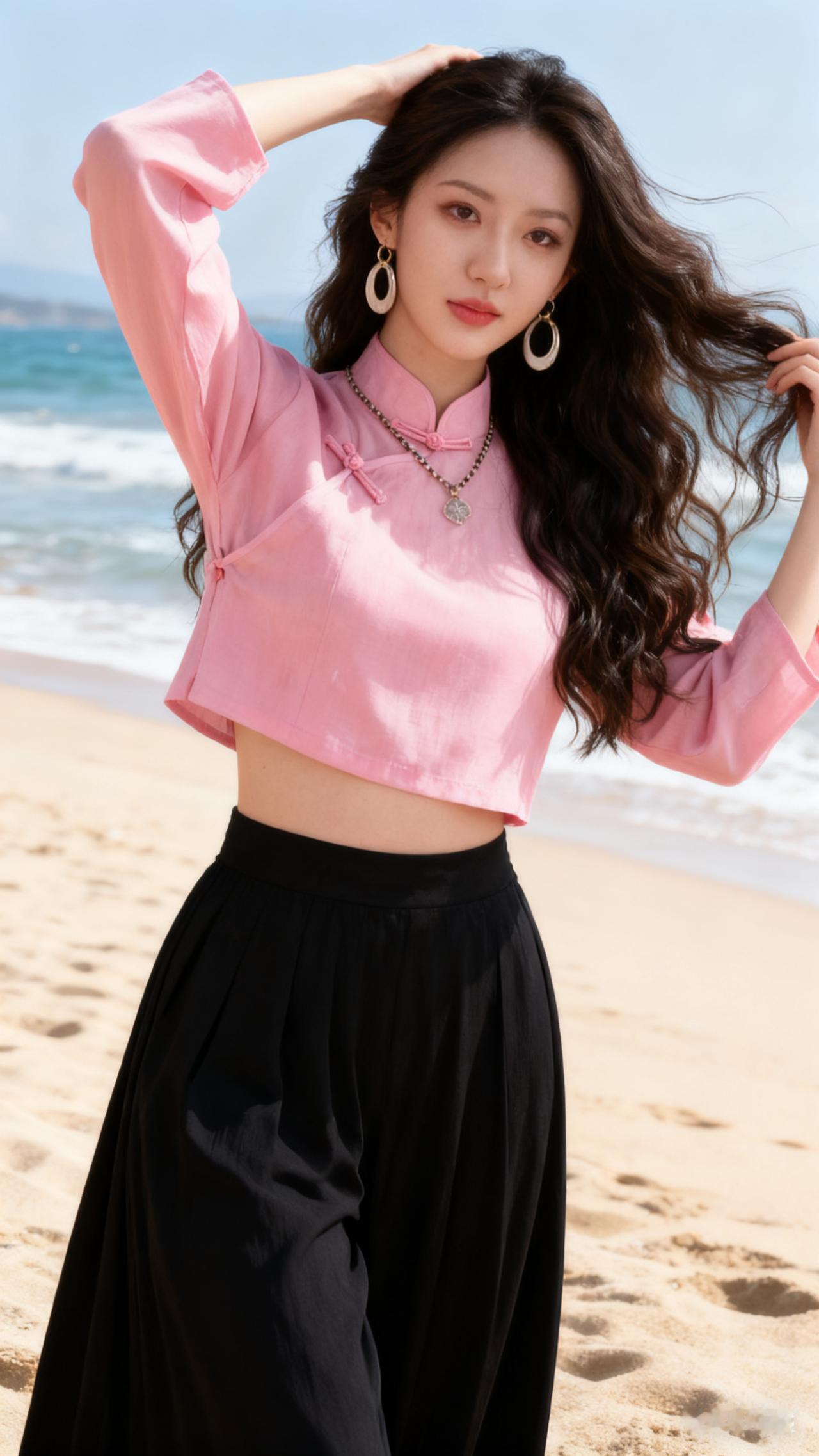 沙滩上穿粉色上衣和黑色长裙的小姐姐。