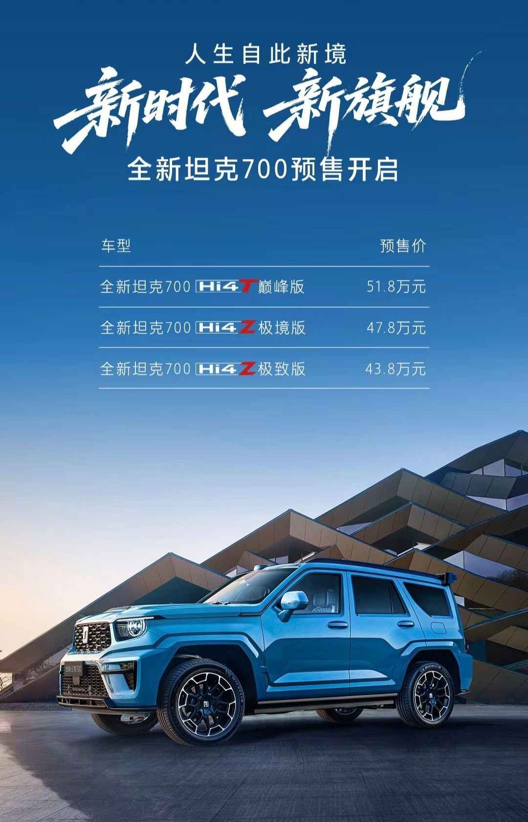 全新坦克700预售价43.8万起，这车强烈推荐买Hi4-Z版本，更便宜更实用。