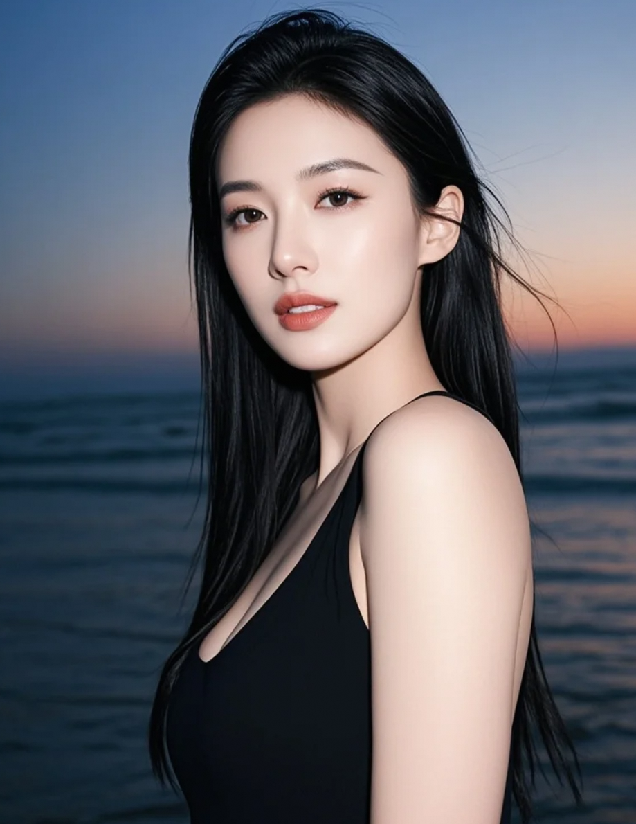 她站在海边，像一首被遗忘的诗