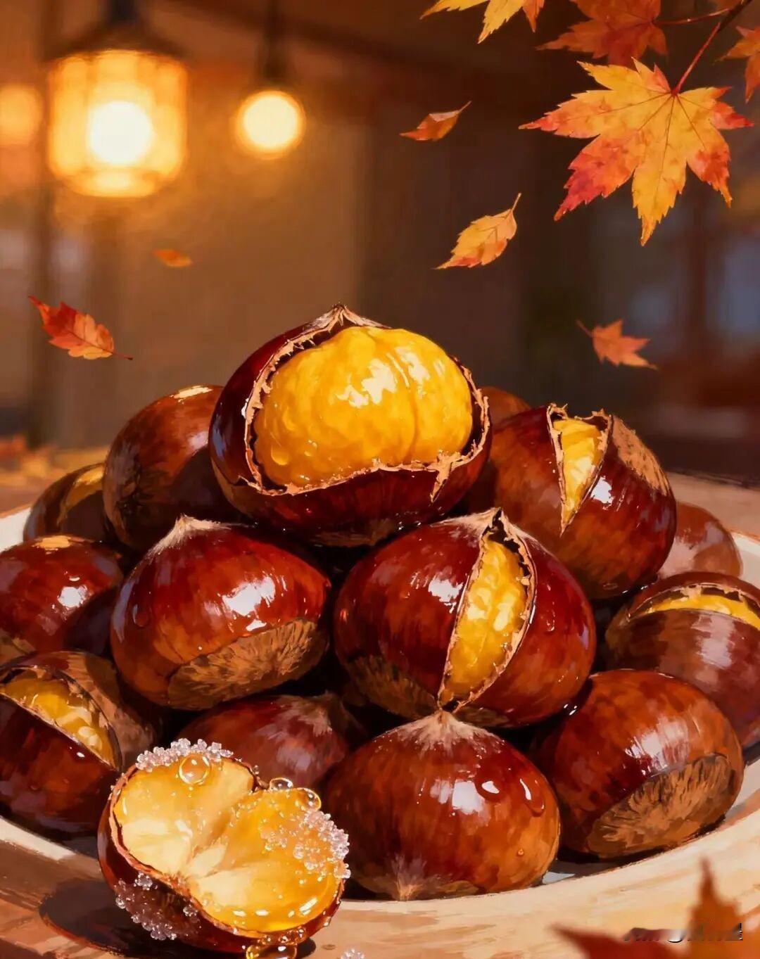 秋日街头，糖炒栗子🌰香气四溢，外壳酥脆，栗肉软糯香甜，暖手又暖心，是秋天不可错