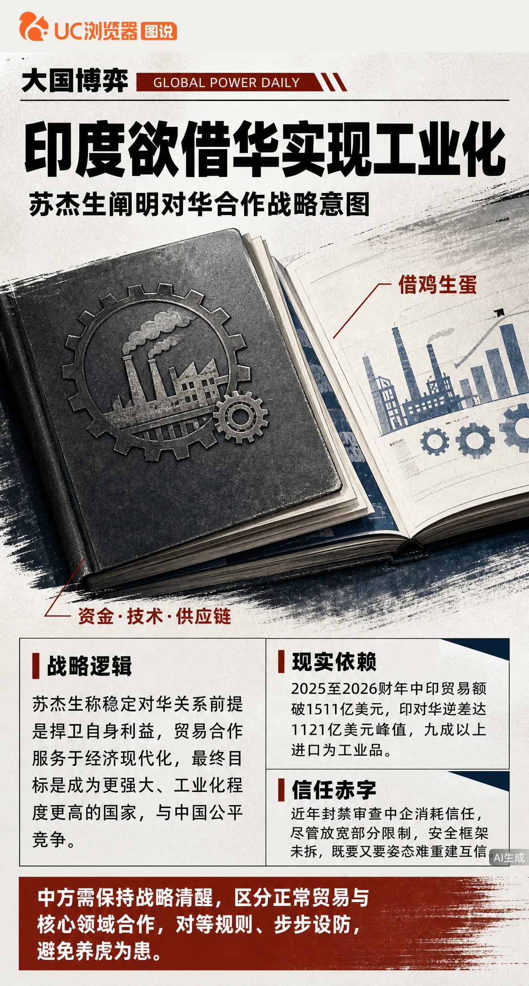 印度外长坦言要借中国资金技术补工业化短板，再与中国公平竞争。但现实是逆差破1121亿美元，九成进口靠