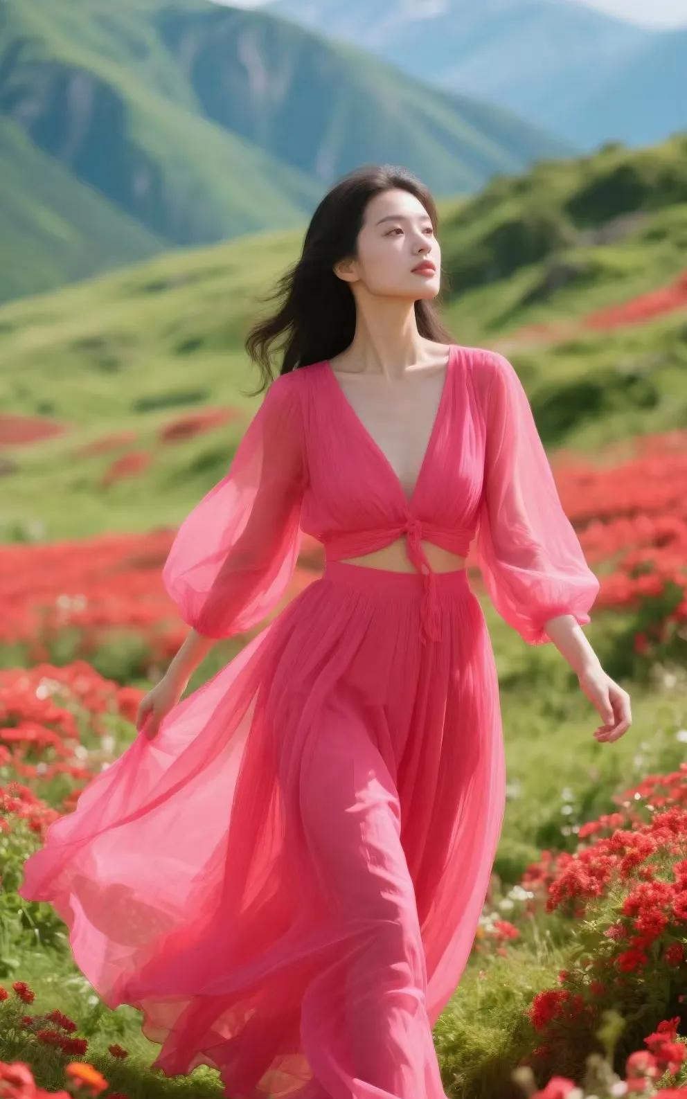 女子身着玫红雪纺长裙两件套，外搭小衣轻盈，漫步九顶山红绿交织间，似花中仙子，美得