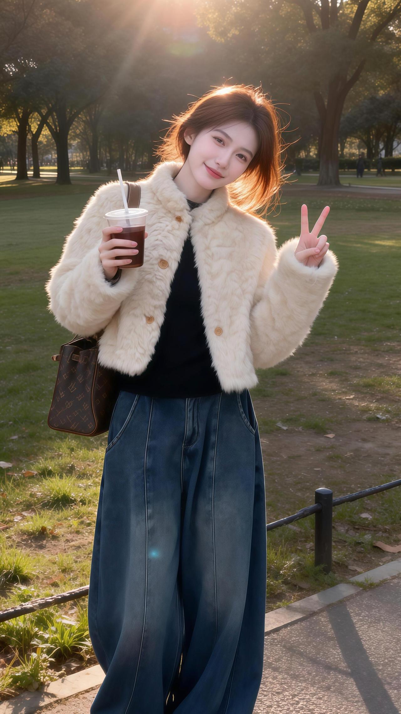 秋日暖阳下时尚穿搭毛绒外套+宽松牛仔裤轻松自在随性穿搭秋冬毛绒绒穿搭