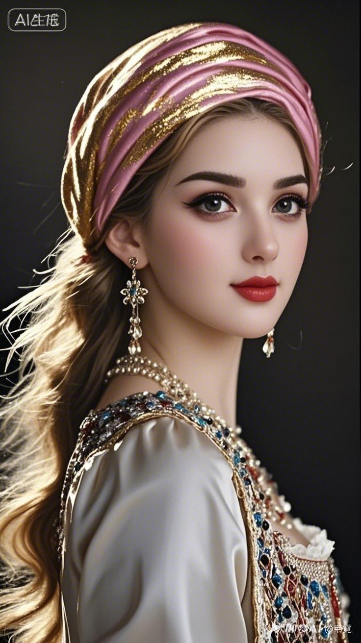 异域风情，金粉交织的头巾，精致的妆容，优雅的珠宝，尽显东方韵味。