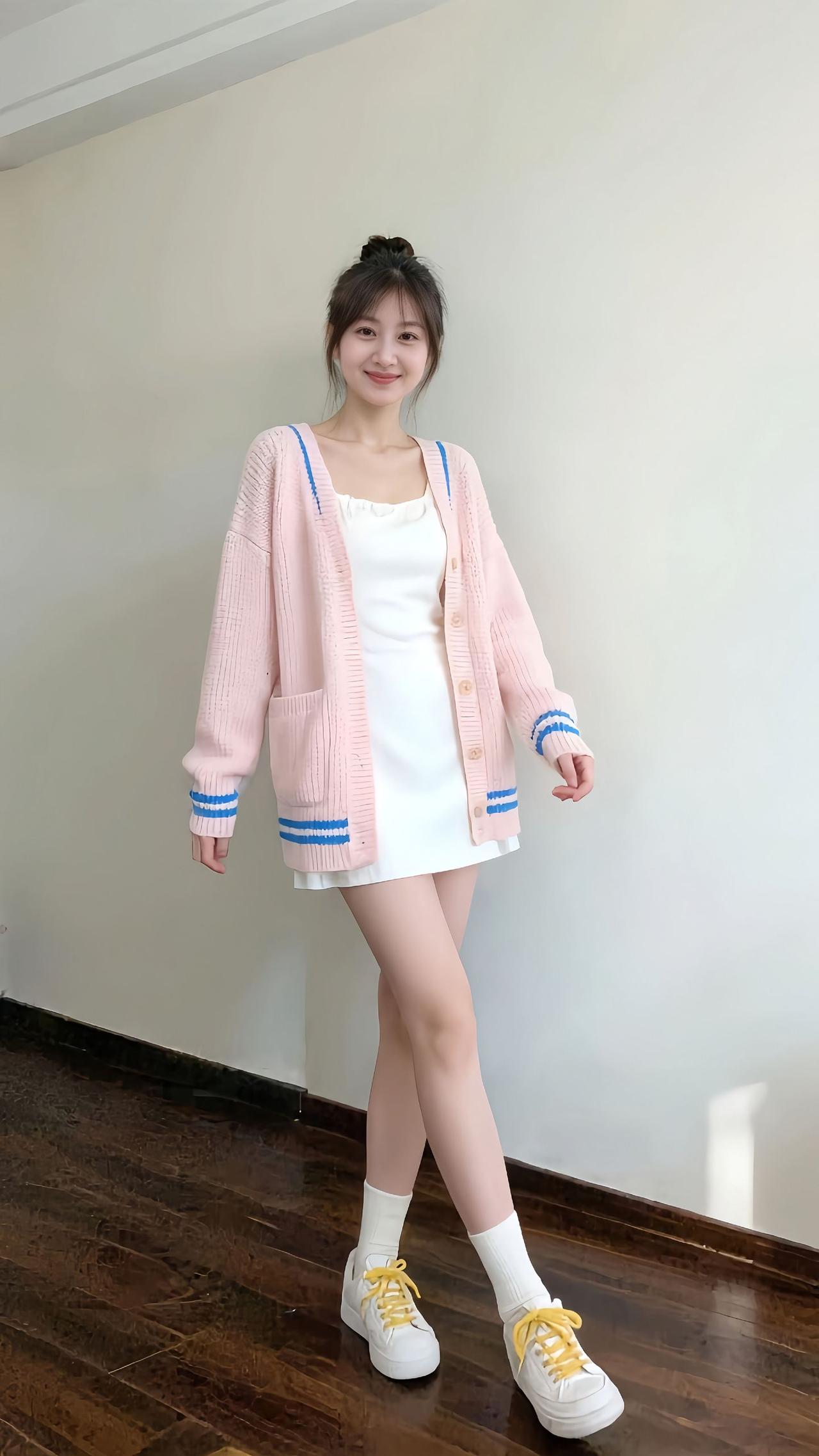 粉衣少女倚墙立，笑语盈盈似春风。