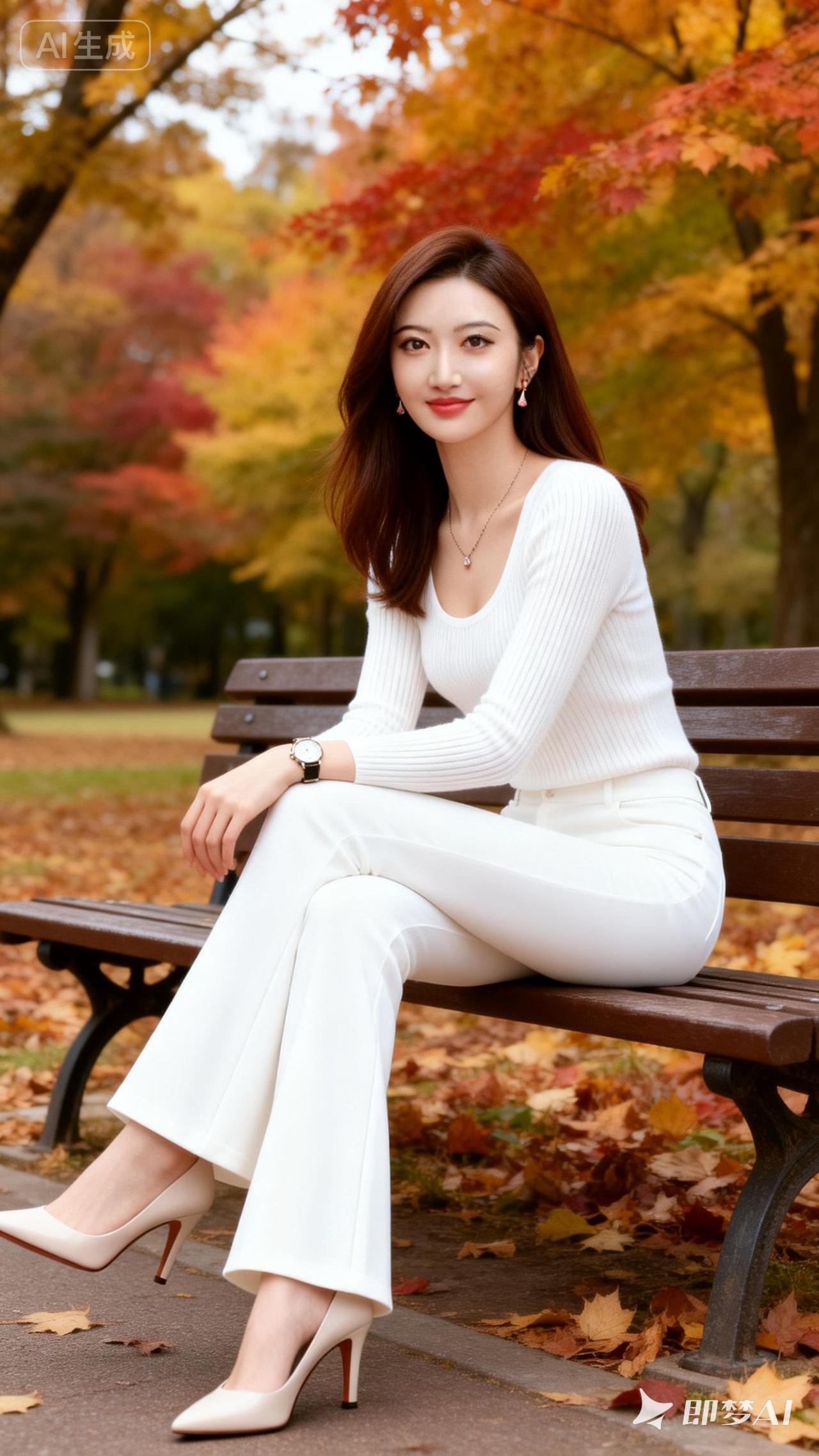 秋日公园里的时尚穿搭，白色套装搭配高跟鞋，尽显优雅气质。🍂👠