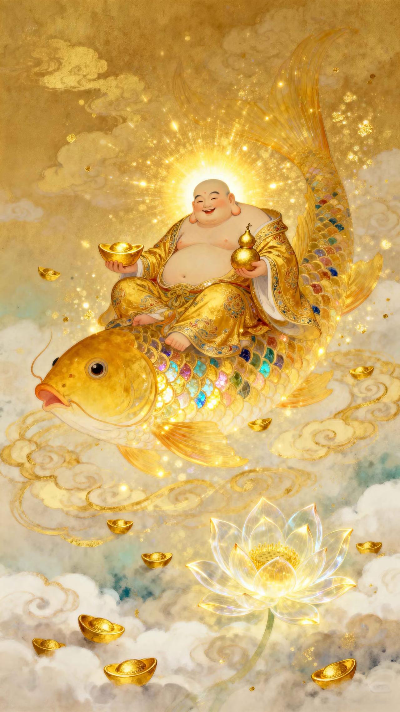 ‌弥勒笑纳乾坤福，金鲤驮来富贵财‌传统文化绘画祝福