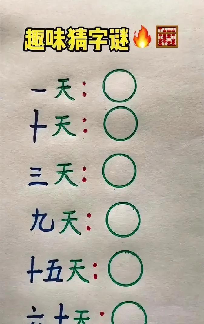 趣味猜字谜，1天、10天、3天、9天、15天、60天各是什么字，你们都知道答案吗