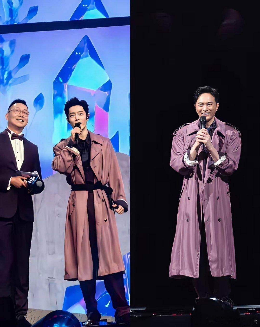 谁懂啊！同一件香芋紫风衣高定，先后穿在张智霖和肖战身上，完全是两种不一样的氛围感