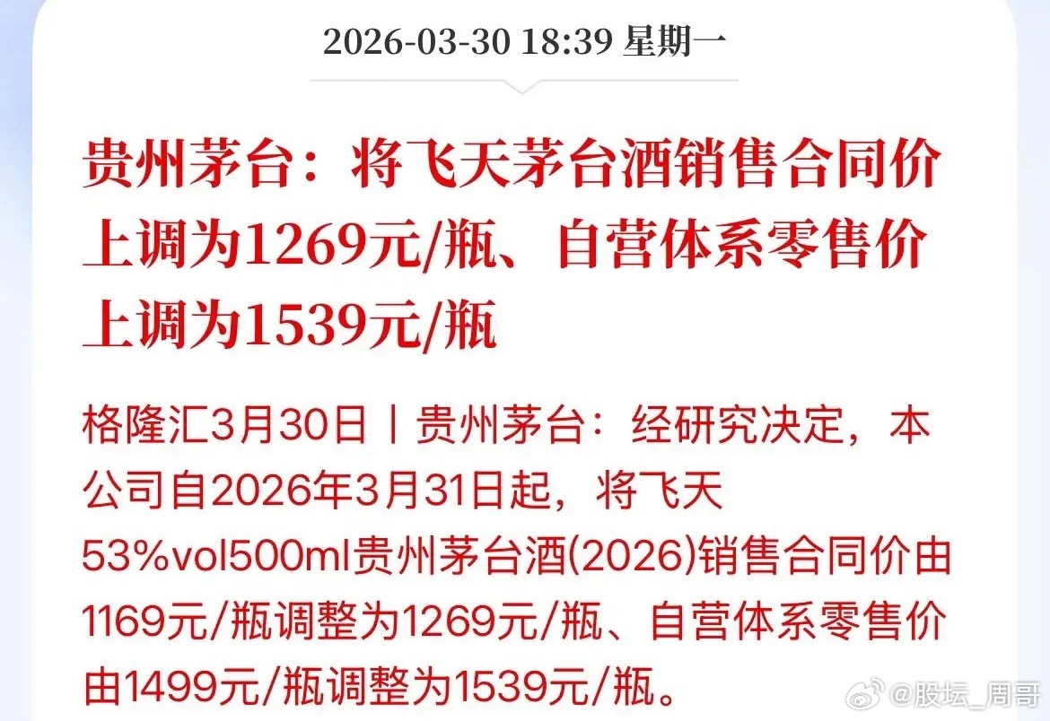 茅台时隔八年在启双涨！自2026年3月31日起，飞天茅台53%vol500ml