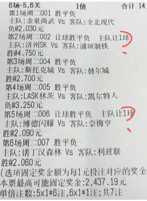 这张“6串56关”的票，上面选择的胜负关系，大家觉得怎么样？其他几场比赛我们先