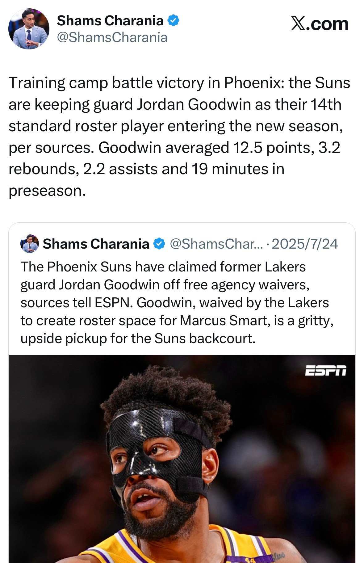 Shams：太阳转正古德温，开始新赛季！太阳裁掉后卫贾里德·巴特勒。他在近期一