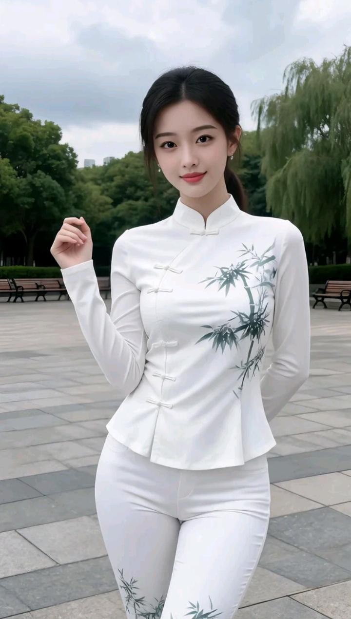 这位姑娘穿着白色旗袍，站在公园里。家庭教育到底有多重要江南风旗袍美女旗袍街景