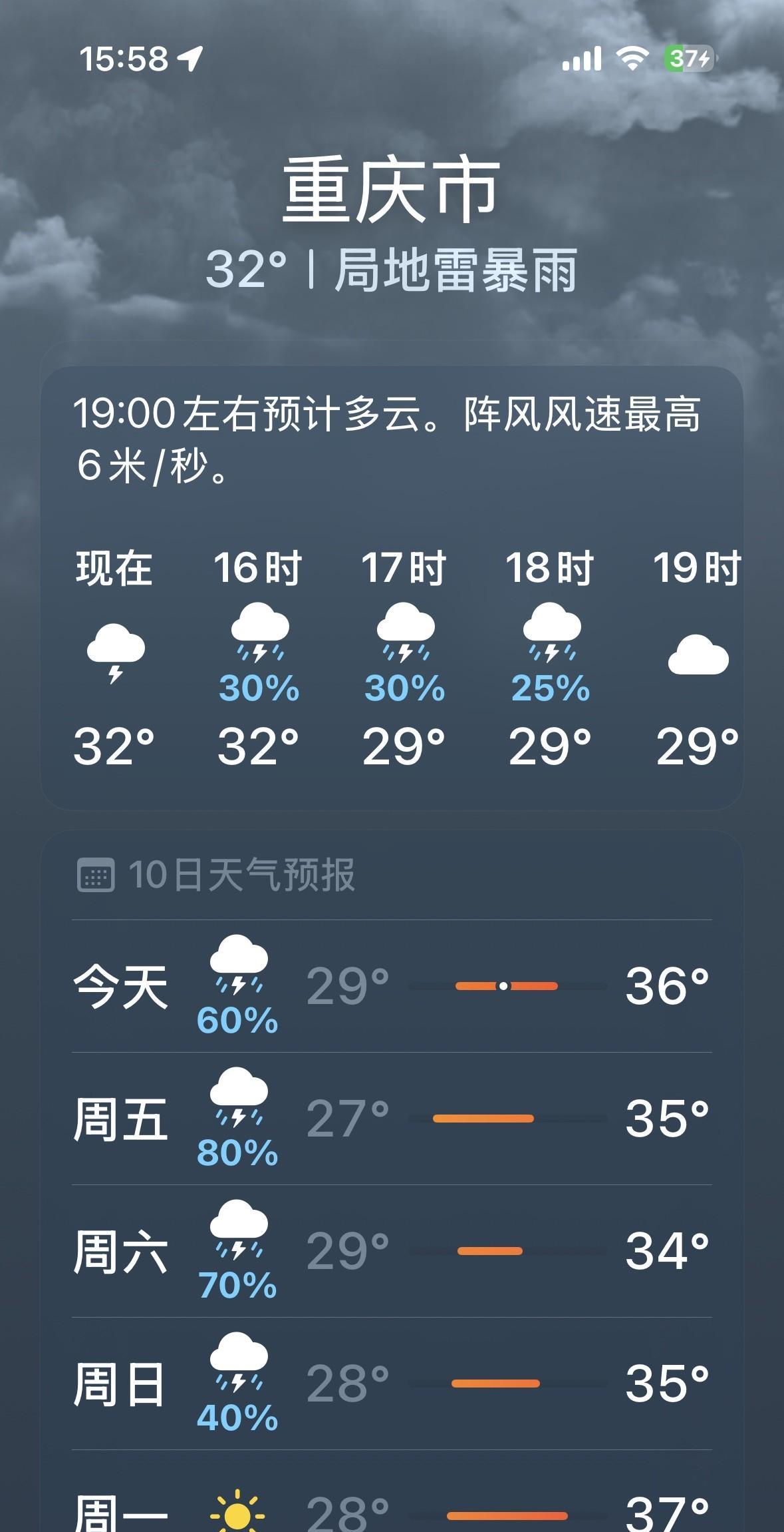 雷阵雨，局部大雨，真的要来重庆啦！8月21日，星期四下午4点，重庆主城区，大家看