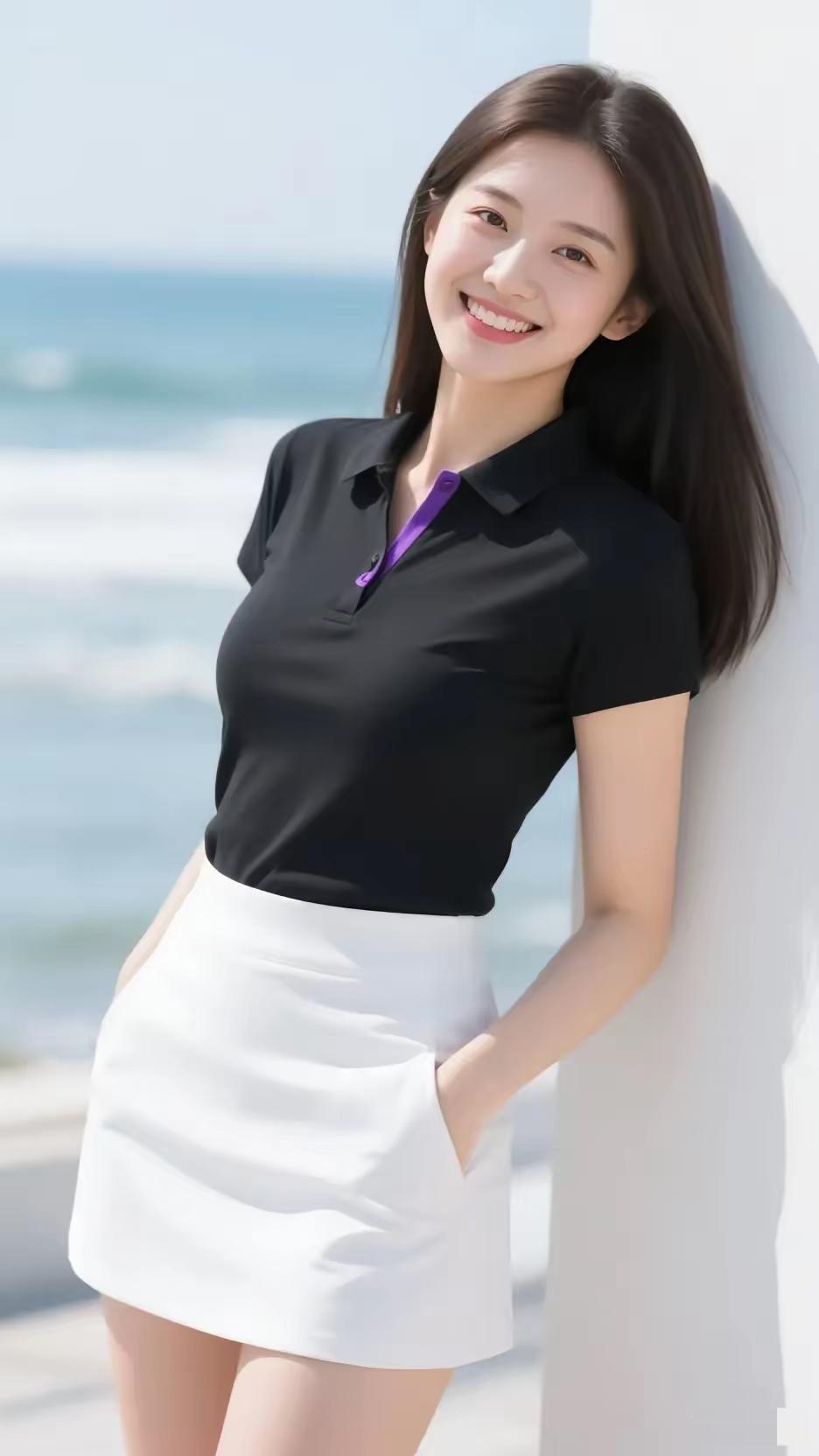 海风轻拂的海边，她倚着白墙，黑衫紫襟简约，白裙衬得笑意更明亮。阳光把影子拉长，海