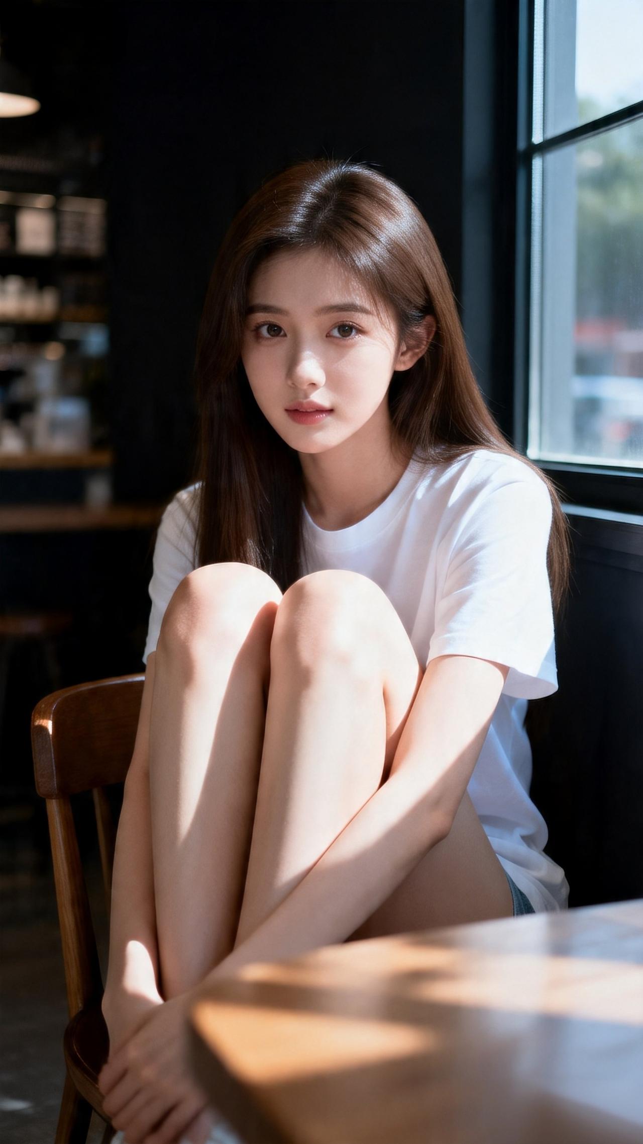 阳光洒进咖啡馆，少女静坐沉思高贵优雅的女性着装时尚