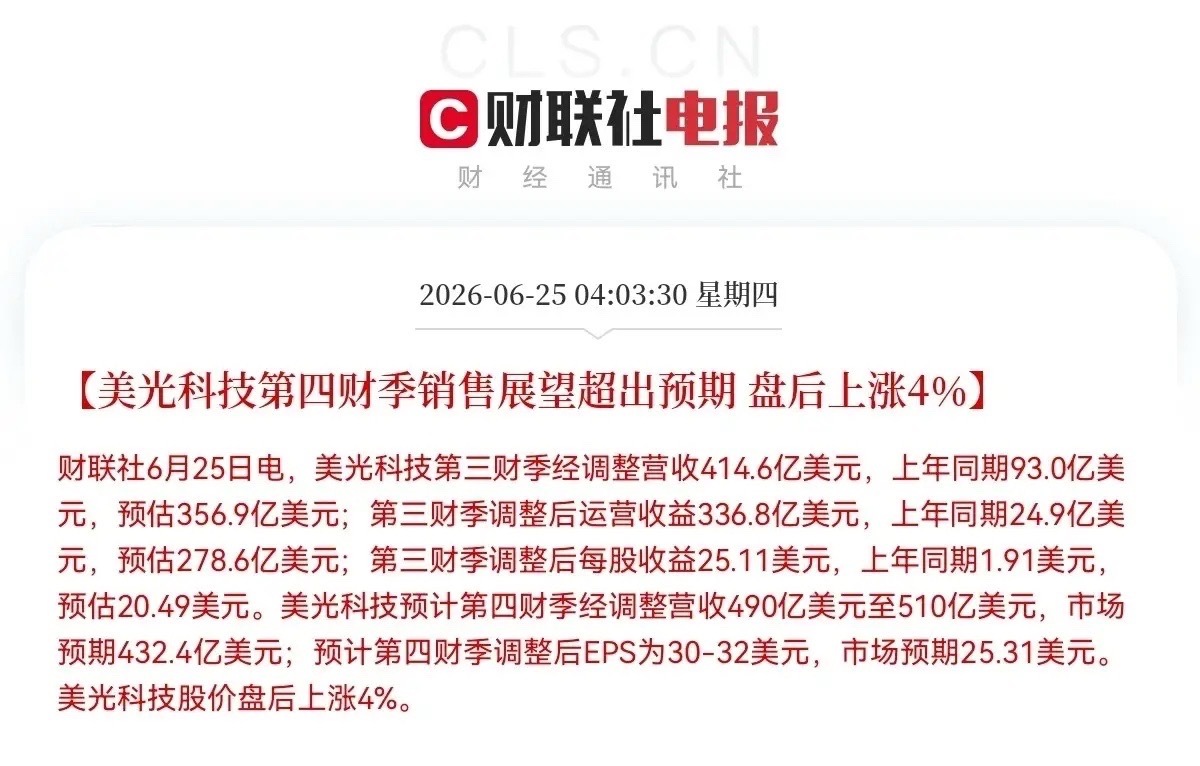 一觉醒来！重磅利好突袭！美光科技大利好！5点07分，全球瞩目的美光科技财报正式出