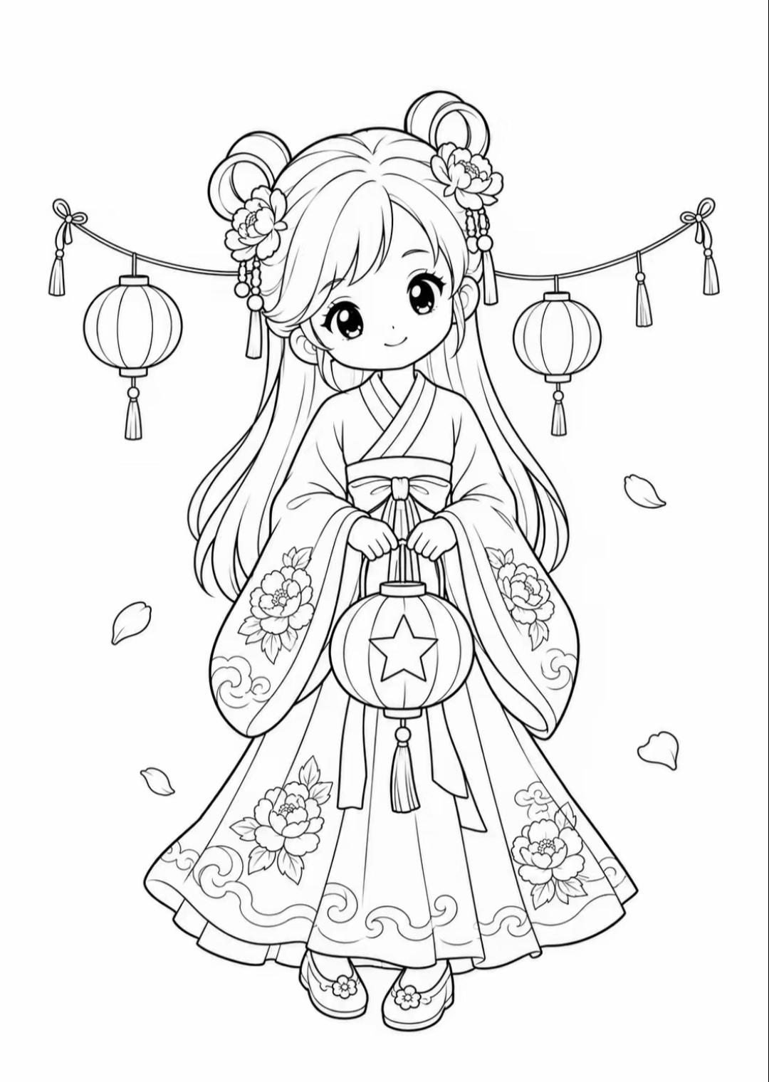 素材|汉服小公主花灯线稿绘画