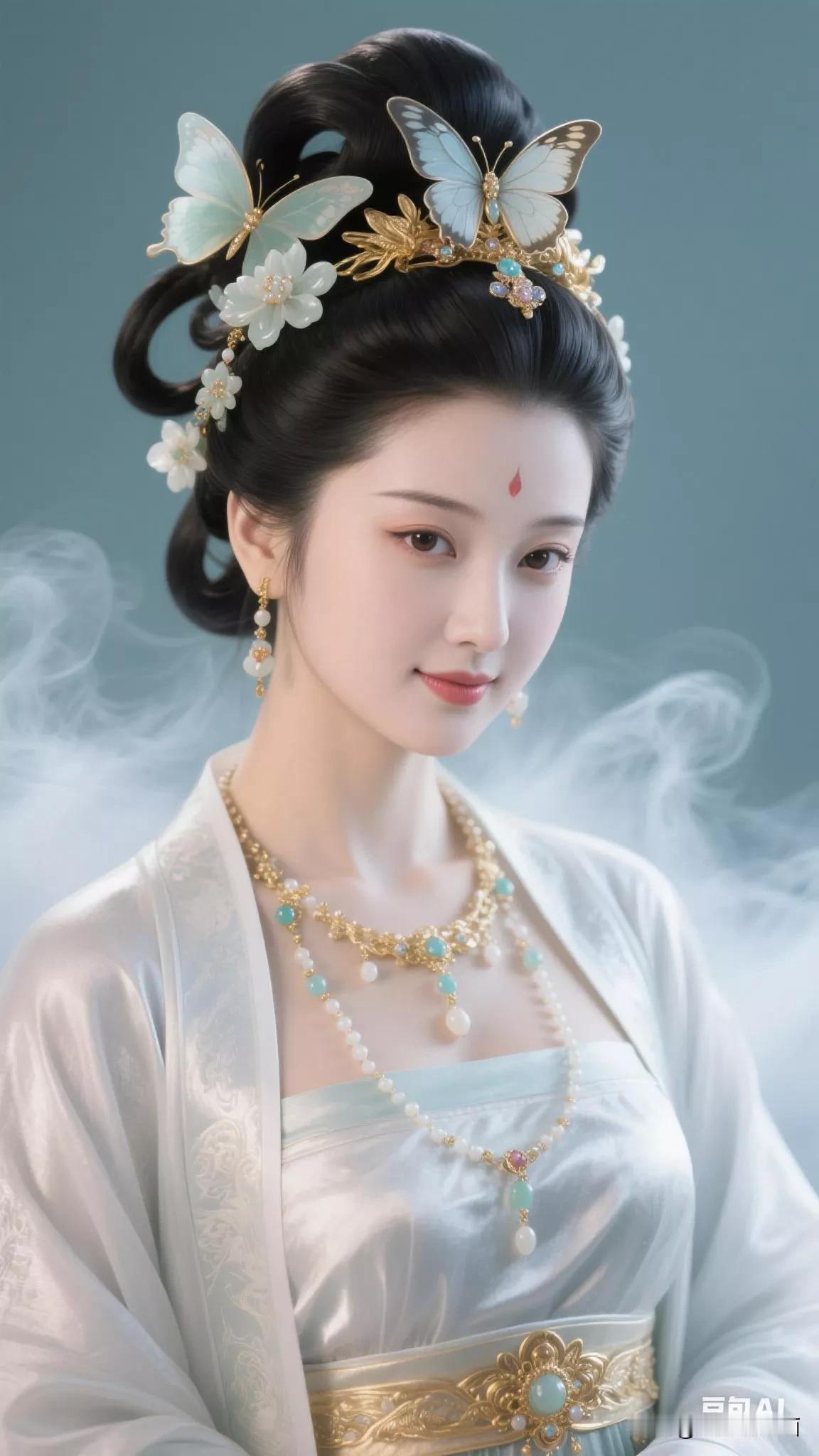 仙气飘飘的古典美人，头戴蝴蝶发饰，身着华美汉服，宛如画中仙子。张立启原创书画AI