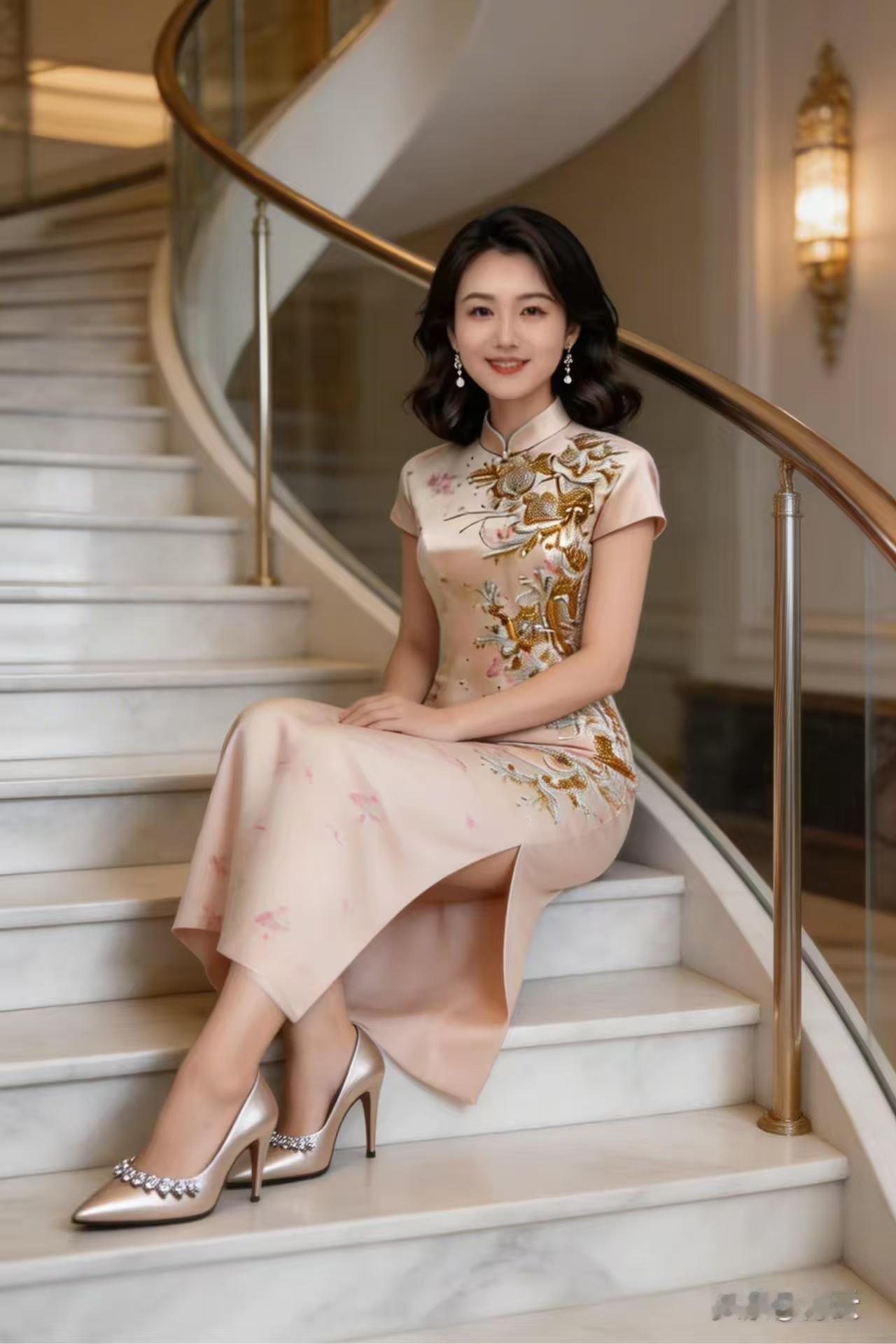 清江引·旗袍春影粉绡裁就杨柳腰，凤羽旋梯绕。流云衬步娇，光影雕腮巧，东