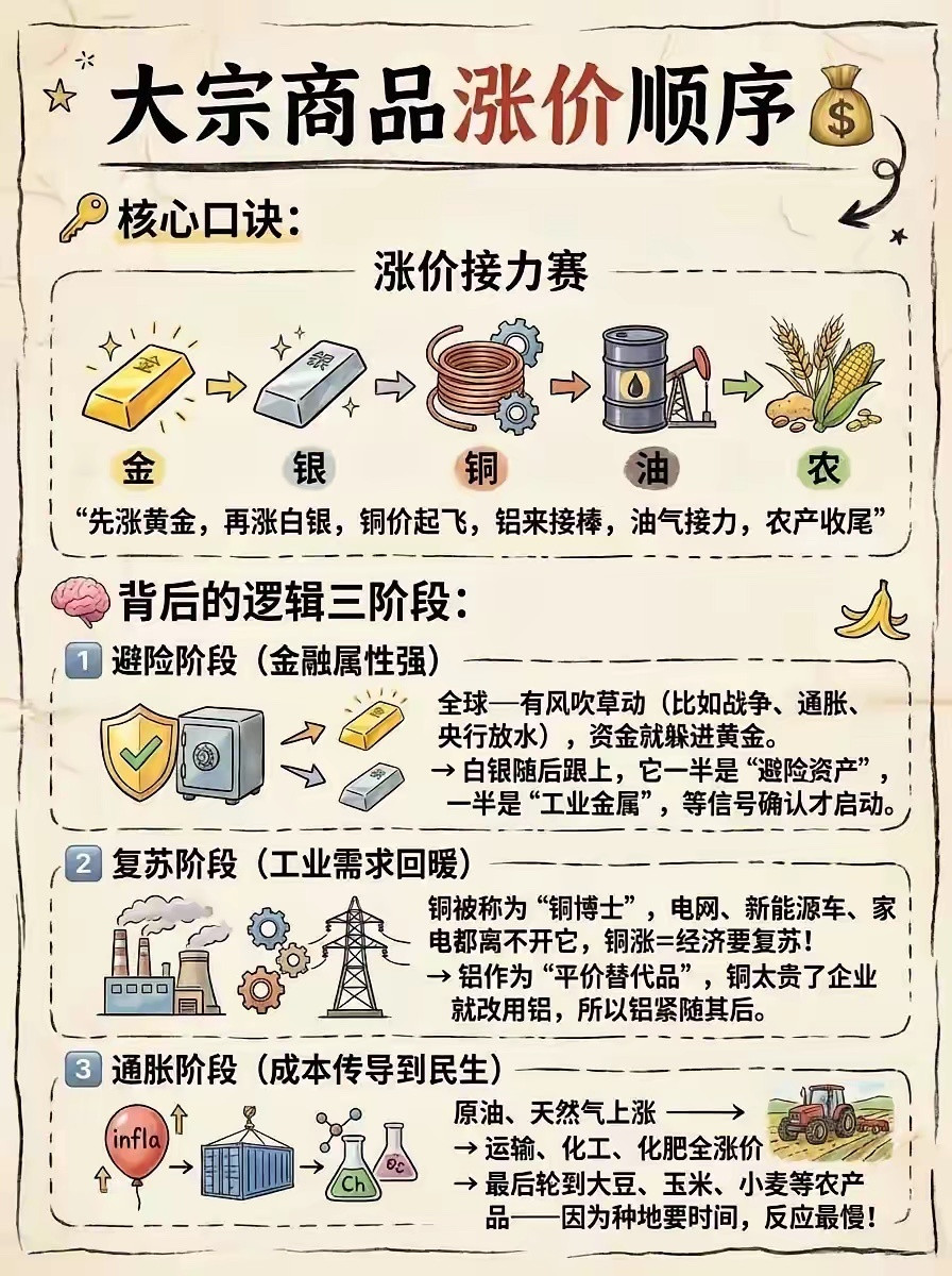 大宗商品涨价顺序图，油涨过了，下一阶段是不是该轮到农产品涨价了？