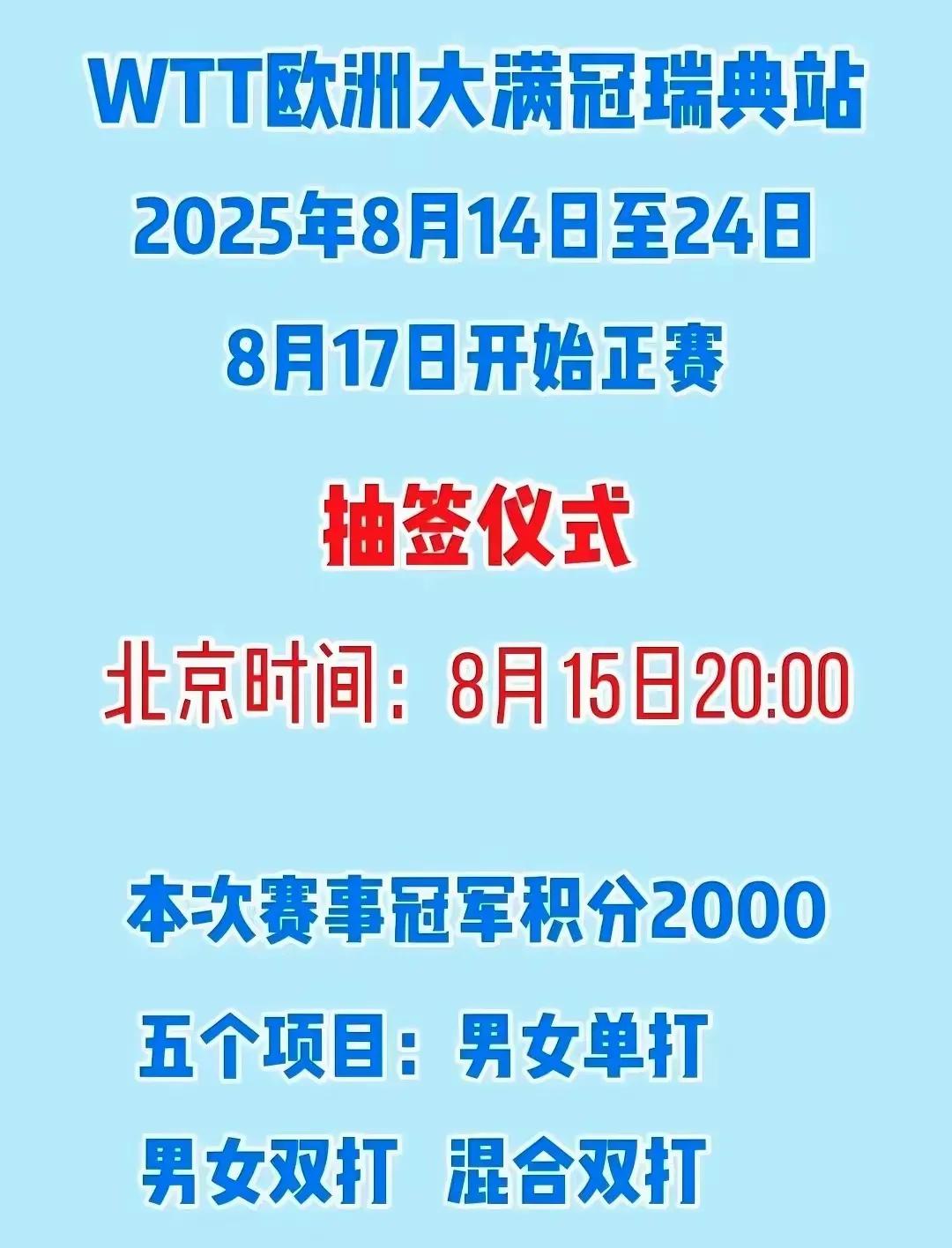 WTT瑞典大满贯8月14日一24日，2000积分。这个2000积分的比赛不知道